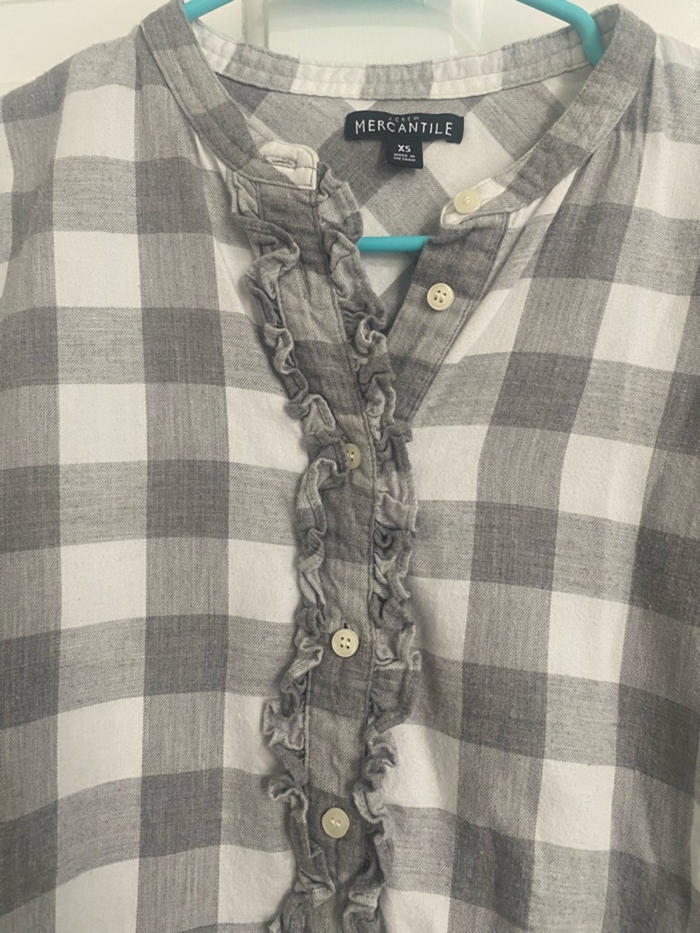 J Crew Gray & White Plaid Ruffle Henley Top
